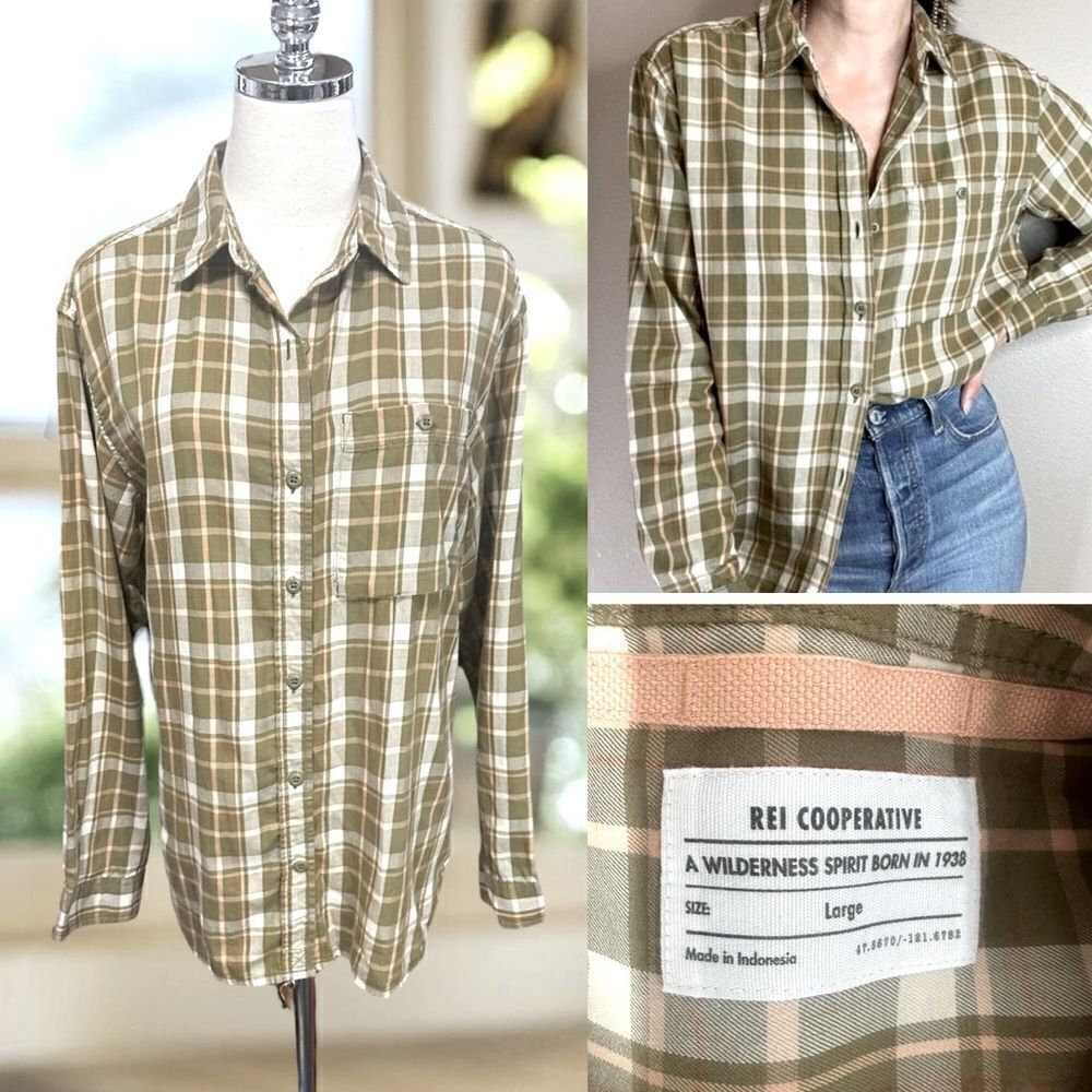 REI Co-op Northerwoods Button Down Shirt Olive Plaid Size L Women's